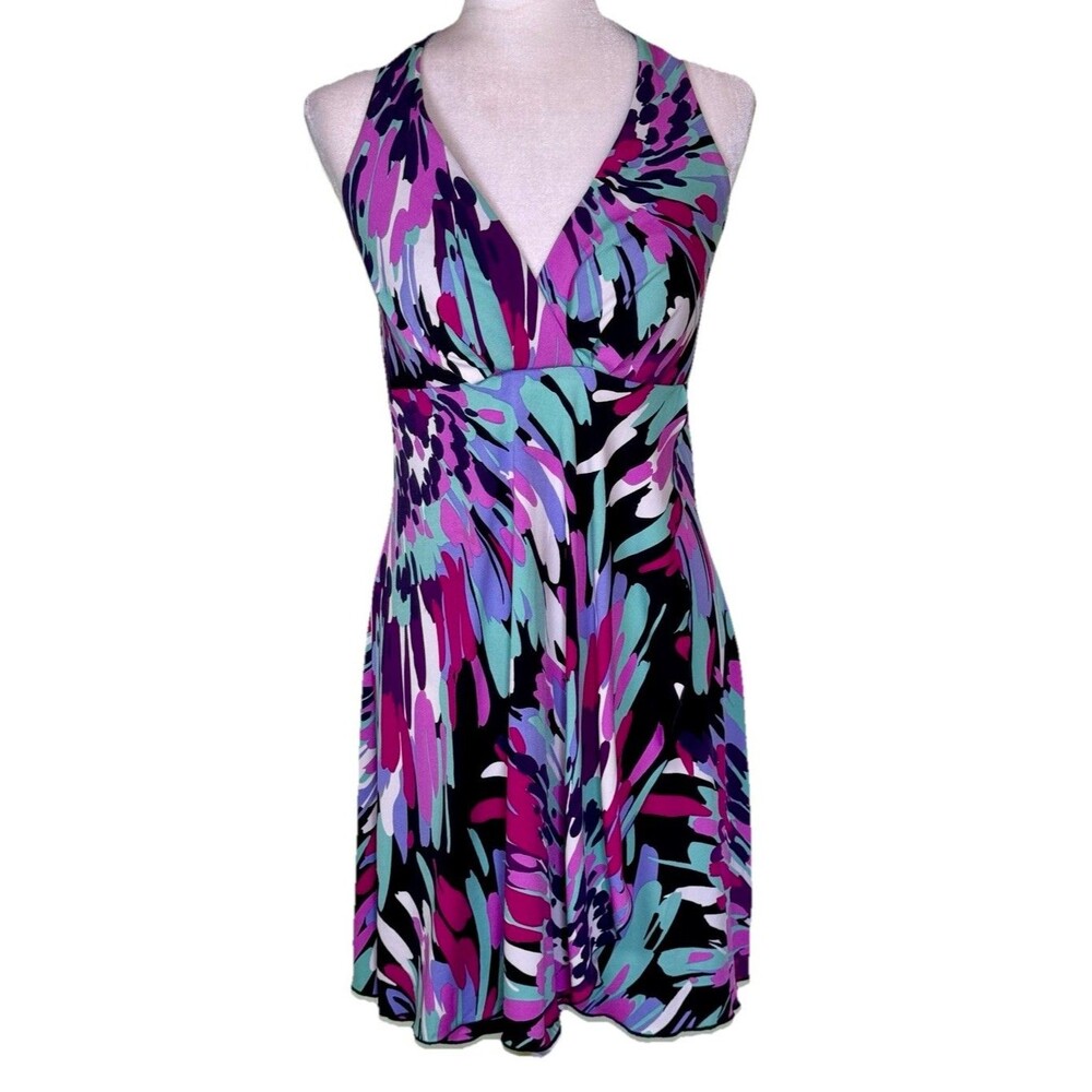 Women’s Y2K Tropical Abstract Dress Halter Wrap Resort Cruise Vacation Sz 6
